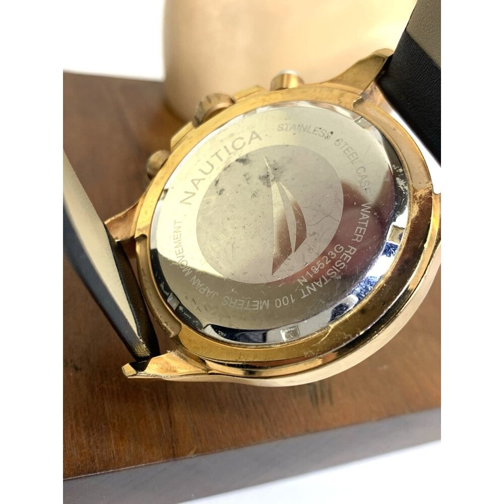 Nautica Men's Watch N18523 Quartz Black Dial Rose Gold Tone Leather Band 48mm - Picture 6 of 14